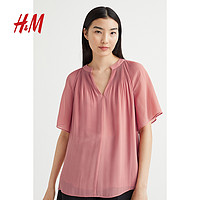 H&M HM女装衬衫夏季休闲V形立领短袖垂坠舒适短袖上衣1066661