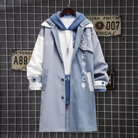 柯菲沃美式风衣男复古猫咪印花拼接潮牌中长款过膝宽松卡通连帽风衣外套 LS11蓝色（常规款） 3XL