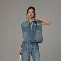 CHUU字母刺绣牛仔马甲女2024年夏季拉链套头外穿马夹无袖外套 牛仔蓝 均码
