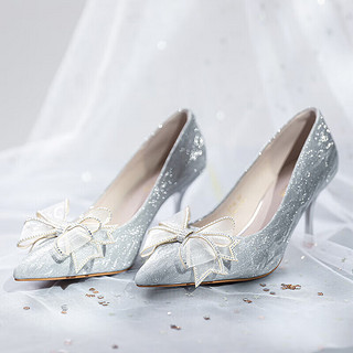 ZHR高跟鞋女优雅法式细跟女鞋水晶婚鞋女气质单凉鞋女 Y716 银色 