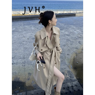 JVH 开叉中长款风衣女 英伦风休闲双排扣外套 卡其色 XL 【120-155斤】