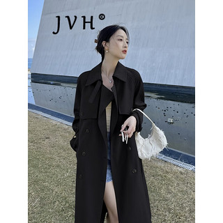 JVH 开叉中长款风衣女 英伦风休闲双排扣外套 卡其色 XL 【120-155斤】