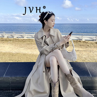 JVH 开叉中长款风衣女 英伦风休闲双排扣外套 黑色 XL 【120-155斤】