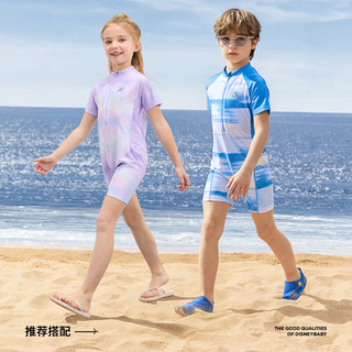 迪士尼男女童短袖泳衣UPF50连体分体抗菌泳帽游泳套装2024新六一儿童节 蓝白晕染条-男 140