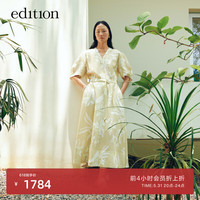 edition连衣裙女2024夏新款复古法式泡泡袖收腰印花气质亚麻长裙 艺术花卉色