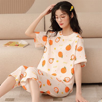 夏季薄款聚酯纤维短袖七分裤女睡衣家居服 5608花朵橘子 2XL【125-140斤】