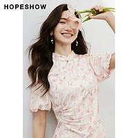 88VIP：HOPESHOW 红袖 新中式连衣裙夏季2024新款女装盘扣立领开叉粉色郁金香旗袍