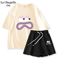 La Chapelle City 拉夏贝尔中学生夏季套装女2024新款纯棉短袖t恤休闲运动服两件套 杏紫色表情+黑小紫 M