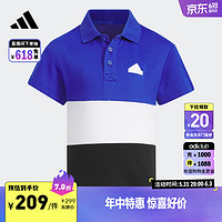 adidas学院风休闲撞色短袖POLO衫男小童夏季阿迪达斯轻运动 半荧光蓝 110CM