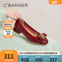 C.BANNER千百度圆头粗跟单鞋2024年春季新款红色新娘鞋漆皮蝴蝶结低跟单