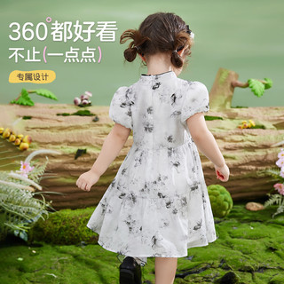 ASK JUNIOR儿童节女孩女童裙子夏小童国风新中式水墨印花盘扣汉服公主裙 灰色 100