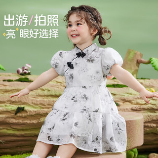 ASK JUNIOR儿童节女孩女童裙子夏小童国风新中式水墨印花盘扣汉服公主裙 灰色 100