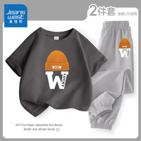 真维斯男童夏装套装2024儿童运动衣服夏季男孩短袖薄款两件套中大童衣服 中灰/字母帽子-浅灰/字母帽子 150
