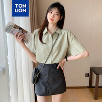 唐狮 TONLION2024女翻领短袖条纹衬衫WP 抹茶绿 L