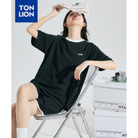 唐狮 TONLION2024女圆领袖子织带短袖T恤短裤套装休闲慵懒风减龄百搭WP 黑色 S