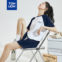 唐狮 TONLION2024女圆领插肩袖短袖T恤短裤套装慵懒风休闲百搭减龄潮WP 藏青 S