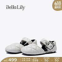 Bella Lily2024夏季温柔小香风玛丽珍鞋女菱格单鞋羊皮平底鞋 米白 39