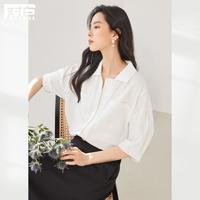 DUIBAI 对白 024春装纯色造型感对称大贴袋翻领落肩女式五分袖衬衫