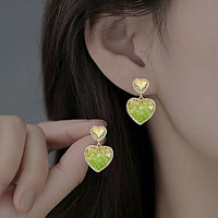 Trendolla 法式復古愛心鋯石925銀針耳環女輕奢氣質感耳釘 綠色方形