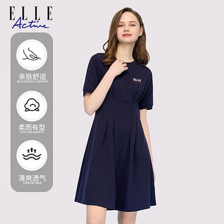 ELLE ACTIVE简约优雅收腰显瘦连衣裙夏季百搭低调透气休闲通勤A字裙 藏青色 M