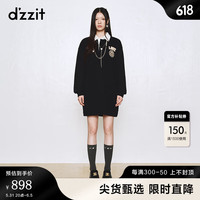 DZZIT地素连衣裙秋冬复古学院风翻领长袖毛巾绣logo徽章女 黑色 XS