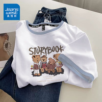 JEANSWEST 真维斯 短袖t恤女夏季纯棉女装上衣服撞色宽松ins风小个子女生半袖衫 白湖蓝 复古故事书 S