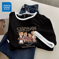 真维斯(JEANSWEST)短袖t恤女夏季纯棉女装上衣服撞色宽松ins风小个子女生半袖衫 黑白 复古故事书 S