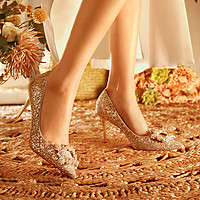 pjjuu 水晶鞋 金色婚鞋禾秀主婚纱两穿结婚新娘鞋方扣高跟鞋女细跟