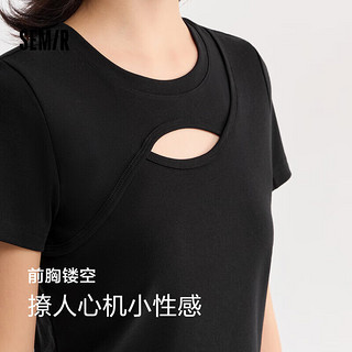 森马（Semir）【夏日T恤合辑】短袖T恤女中长款满印夏印花落肩上衣宽松显瘦潮流 F款性感镂空-黑色90001 155/80A/S