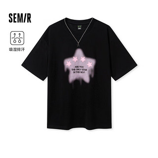 森马（Semir）【夏日T恤合辑】短袖T恤女中长款满印夏印花落肩上衣宽松显瘦潮流 L款晕染星星-黑色90001 150/76A/XS