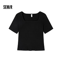 森马（Semir）【夏日T恤合辑】短袖T恤女中长款满印夏印花落肩上衣宽松显瘦潮流 C款紧身方领-黑色90001 165/88A/L