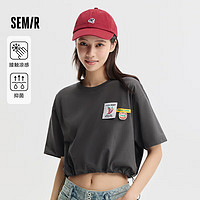 森马（Semir）【夏日T恤合辑】短袖T恤女中长款满印夏印花落肩上衣宽松显瘦潮流 D款萌趣蔬果-褐灰20845 160/84A/M