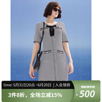 唐可娜儿(DKNY)2024春夏复古黑白格提花蝴蝶结短袖针织连衣裙女装 黑拼色 L(165/88A)