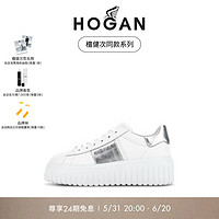 HOGAN【檀健次同款系列】鞋2024H-STRIPES休闲厚底饼干鞋 白/银 女款 38 拍小半码