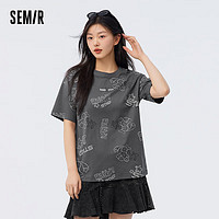 森马（Semir）【夏日T恤合辑】短袖T恤女中长款满印夏印花落肩上衣宽松显瘦潮流 A款涂鸦满印-灰色调00322 170/92A/XL