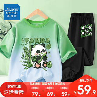 真维斯男童短袖速干裤套装夏季中大童吊染半袖网眼裤子潮流套装 蓝粉灰【套装】(熊猫吃竹熊猫） 150