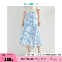 茵曼（INMAN）百褶印花半身裙2024夏季女装新款高腰显瘦显高飘逸中长裙子 蓝花