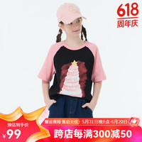 Kappa Kids卡帕女童短袖T恤夏季2024洋气宽松插肩袖夏装甜酷风儿童上衣 黑色 薄款  120