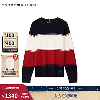 TOMMY HILFIGER24早秋男纯棉休闲撞色宽条纹宽松圆领针织衫MW0MW35651 黑白红撞色0GY XS