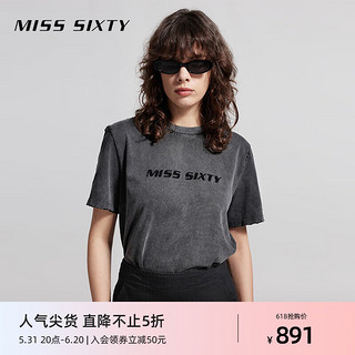 MISS SIXTY2024夏季短袖T恤女圆领字母破洞做旧感复古废土风 灰色 L