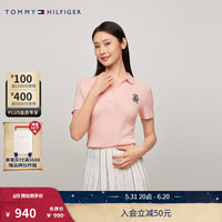 TOMMY HILFIGER24早秋女装撞色字母刺绣修身V领短袖POLO衫WW0WW42607 粉色TIO S (:90-105斤)