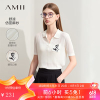 AMII2024夏新款极简翻领弹力宽松套头仿亚麻针织衫提花口袋女款 米白 1