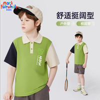 马克华菲男童短袖T恤2024夏季儿童翻领休闲POLO衫中大童薄款透气上衣 m潮字兔K鹦鹉绿 140