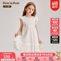 PawinPawPawinPaw卡通小熊童装2024年夏季女童小飞袖全棉镂花连衣裙 Ivory象牙色/39 140cm