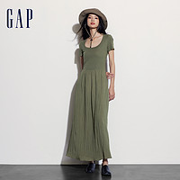 88VIP：Gap 盖璞 女装2024夏季新款拼接褶皱方领短袖连衣裙简约纯色长裙406427