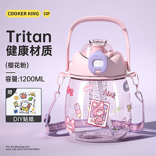 炊大皇 大肚杯tritan材质大容量双饮吸管塑料杯运动水壶 樱花粉 1.2L