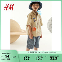 H&M童装男婴衬衫春季棉质梭织卡通图案短袖衬衫1227309 浅米色/太空 110/56 2-4Y