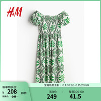 H&M女装连衣裙2024夏季 新款气质花卉印花一字肩短袖中长裙1230970 绿色/图案 1