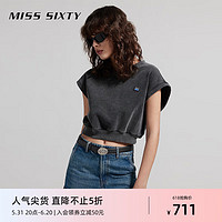 MISS SIXTY2024夏季T恤女V领飞袖复古做旧感运动风短款上衣 灰色 M