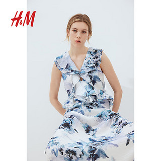 H&M2024夏季新品女士V领修身荷叶边连衣裙1228733 白色/蓝色花卉 1